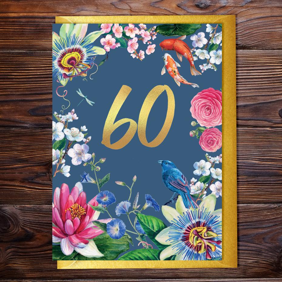 Kimono 60th Greetings Card with Gold Accents